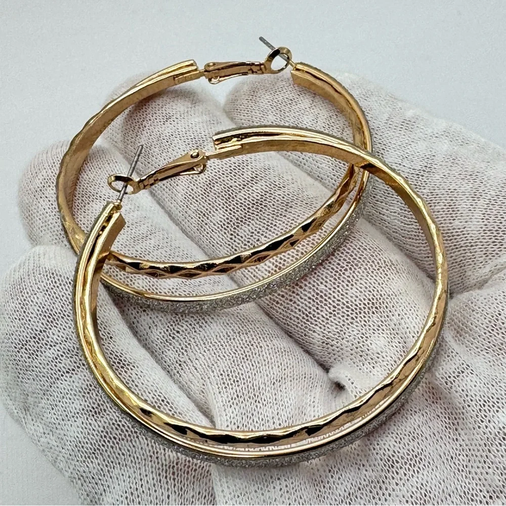Gold Tone Glitter Hoop Earrings Textured Large Statement Hoops Bold Sparkle